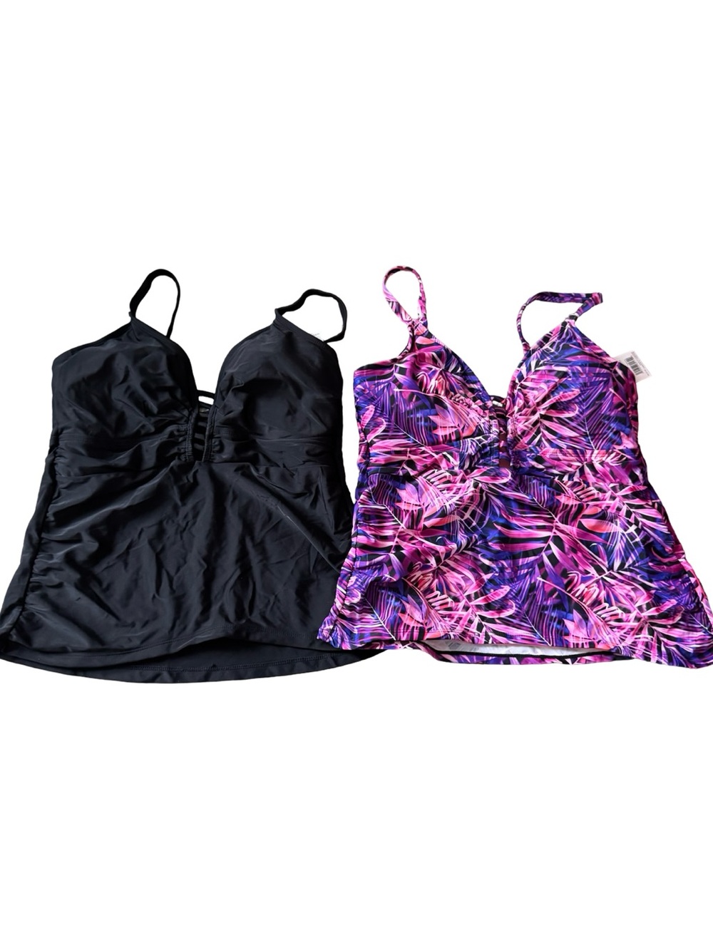 George Plus Tankini Top Lot 2 1X Black & Purple Tropical Print NWT